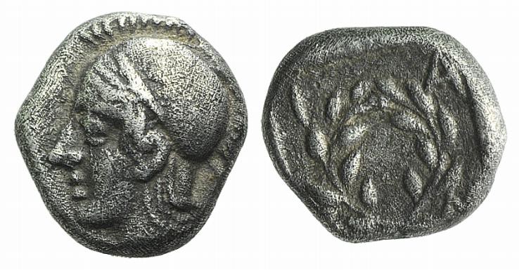 Aeolis, Elaia, c. 450-400 BC. AR Diobol (9mm, 1.26g, 11h). Helmeted head of Athe...