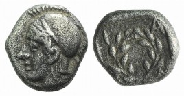 Aeolis, Elaia, c. 450-400 BC. AR Diobol (9mm, 1.26g, 11h). Helmeted head of Athena l. R/ Laurel wreath within incuse square. SNG Copenhagen 166. VF