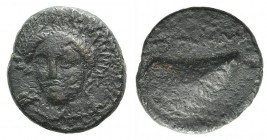 Aeolis, Gyrneion, 4th century BC. Æ (16mm, 3.91g, 5h). Laureate head of Apollo facing slightly l. R/ Mussel shell. SNG Ashmolean 1445-6; SNG Copenhage...
