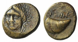 Aeolis, Gyrneion, 4th century BC. Æ (16mm, 4.16g, 3h). Laureate head of Apollo facing slightly l. R/ Mussel shell. SNG Ashmolean 1445-6; SNG Copenhage...