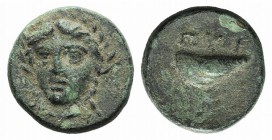 Aeolis, Gyrneion, 4th century BC. Æ (11mm, 1.58g, 3h). Laureate head of Apollo facing slightly l. R/ Mussel shell. SNG München 439; SNG Copenhagen 205...