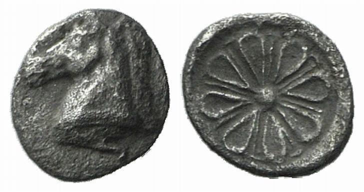 Aeolis, Kyme, c. 6th century BC. AR Hemiobol (5mm, 0.18g). Head of horse l. R/ S...