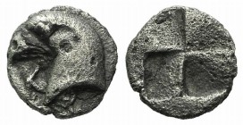 Aeolis, Kyme, c. 450-400 BC. AR Hemiobol (6mm, 0.44g). Head of eagle l.; K to l. R/ Quadripartite incuse square. Klein 333; SNG Copenhagen 31. About V...