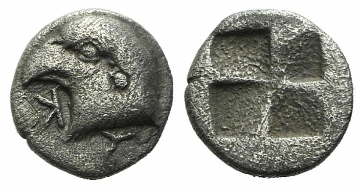 Aeolis, Kyme, c. 450-400 BC. AR Hemiobol (6mm, 0.44g). Head of eagle l.; retrogr...