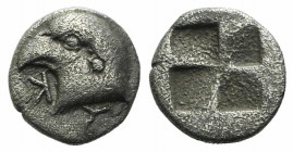 Aeolis, Kyme, c. 450-400 BC. AR Hemiobol (6mm, 0.44g). Head of eagle l.; retrograde K to l. R/ Quadripartite incuse square. SNG von Aulock 1623. Sligh...