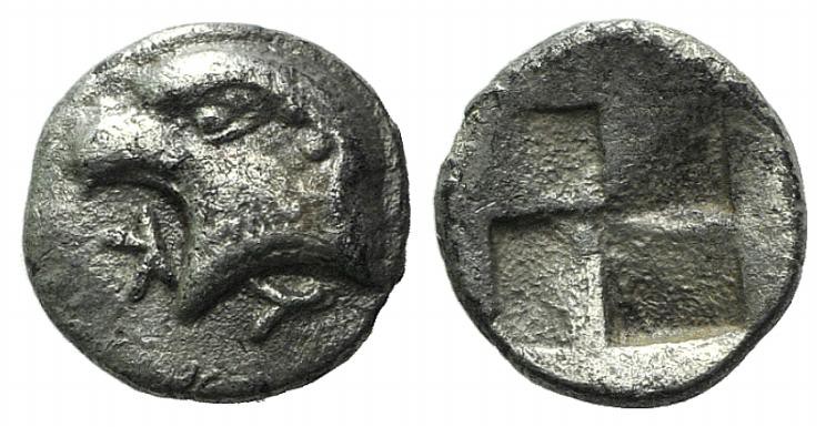 Aeolis, Kyme, c. 450-400 BC. AR Hemiobol (7mm, 0.50g). Head of eagle l.; retrogr...
