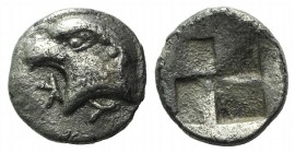 Aeolis, Kyme, c. 450-400 BC. AR Hemiobol (7mm, 0.50g). Head of eagle l.; retrograde K to l. R/ Quadripartite incuse square. SNG von Aulock 1623. VF