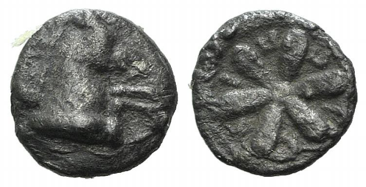 Aeolis, Kyme, 4th century BC. AR Hemiobol (6mm, 0.26g). Forepart of horse r. R/ ...