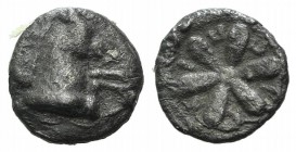 Aeolis, Kyme, 4th century BC. AR Hemiobol (6mm, 0.26g). Forepart of horse r. R/ Floral pattern. SNG München 441; SNG Copenhagen 34. Near VF