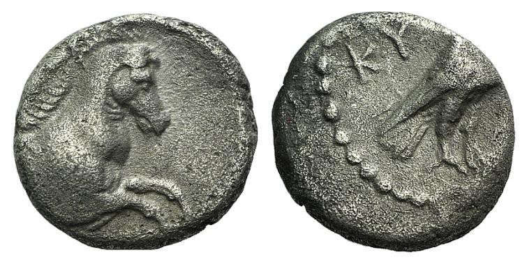 Aeolis, Kyme, c. 350-250 BC. AR Hemidrachm (12mm, 1.97g, 11h). Eagle standing r....