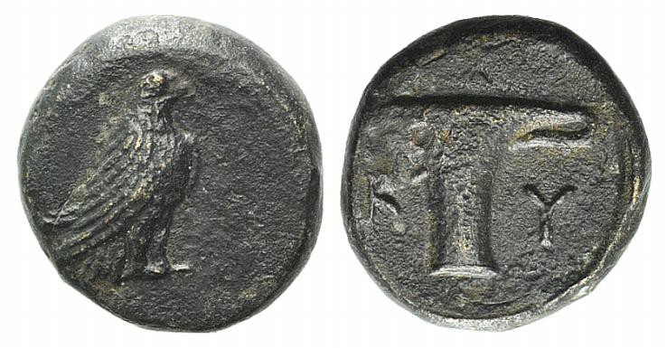 Aeolis, Kyme, c. 350-320 BC. Æ (9mm, 1.49g, 12h). Eagle standing r. R/ One-handl...