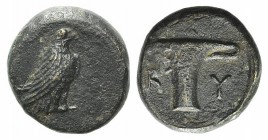 Aeolis, Kyme, c. 350-320 BC. Æ (9mm, 1.49g, 12h). Eagle standing r. R/ One-handled vase. SNG Copenhagen 41-3; SNG von Aulock 1625. Brown patina, Good ...