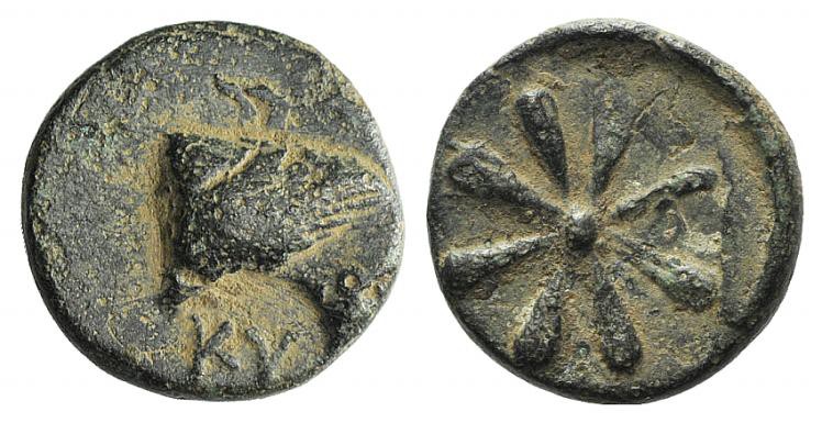 Aeolis, Kyme, c. 350-320 BC. Æ (10mm, 1.13g). Eagle head r.; KY before. R/ Flora...