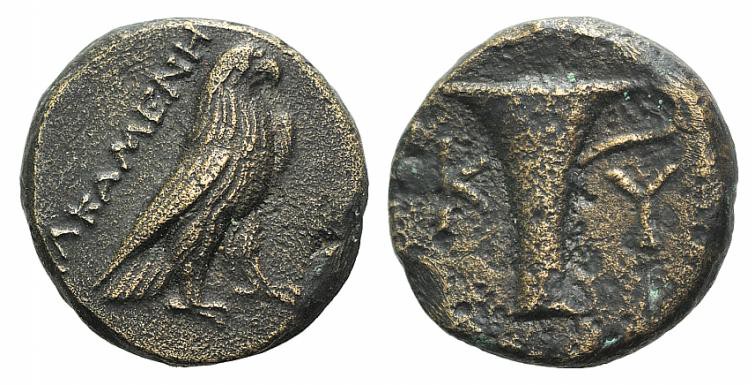 Aeolis, Kyme, c. 350-250 BC. Æ (16mm, 3.95g, 6h). Alkamenes, magistrate. Eagle s...