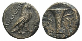 Aeolis, Kyme, c. 350-250 BC. Æ (16mm, 3.95g, 6h). Alkamenes, magistrate. Eagle standing r. R/ One-handled vase. Cf. SNG Copenhagen 46ff. (magistrate)....