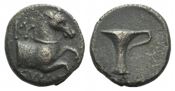 Aeolis, Kyme, c. 300-250 BC. Æ (13mm, 2.89g, 12h). Forepart of a horse r. R/ One...
