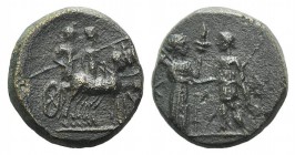 Aeolis, Kyme, 2nd century BC. Æ (14mm, 3.16g, 1h). Artemis, holding long torch, greeting the Amazon Kyme, holding sceptre. R/ Two figures (Apollo and ...