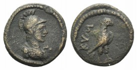 Aeolis, Kyme, 2nd century AD. Æ (16mm, 2.54g, 1h). Eagle standing r. R/ Helmeted and cuirassed bust of Athena r. RPC IV online 1772 (temporary); SNG C...