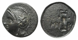 Aeolis, Myrina, c. 4th century BC. Æ (9mm, 0.88g, 1h). Helmeted head of Athena l. R/ Amphora between M-Y. SNG Copenhagen 218-9. Brown patina, VF – Goo...