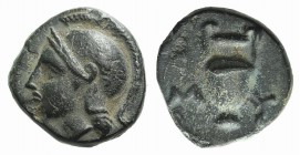 Aeolis, Myrina, c. 4th century BC. Æ (9mm, 0.89g, 9h). Helmeted head of Athena l. R/ Amphora between M-Y. SNG Copenhagen 218-9. Green patina, VF – Goo...