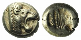 Lesbos, Mytilene, c. 521-478 BC. EL Hekte (10mm, 2.54g). Head of roaring lion r. R/ Incuse head of calf r., within rectangular punch. Bodenstedt 13. V...