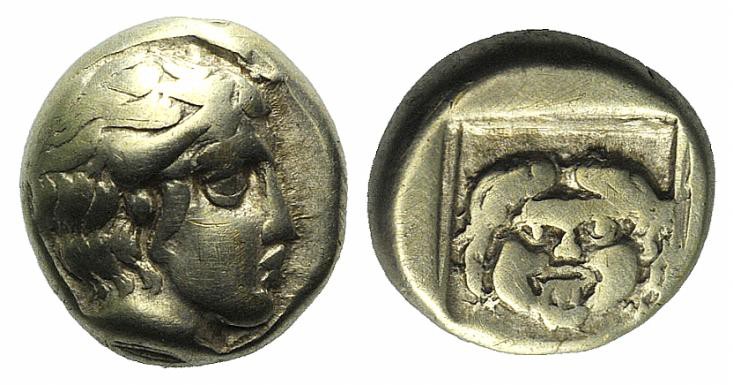 Lesbos, Mytilene. c. 454-428/7 BC. EL Hekte (9mm, 2.59g, 3h). Head of Aktaeon r....