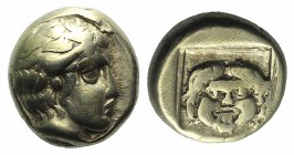 Lesbos, Mytilene. c. 454-428/7 BC. EL Hekte (9mm, 2.59g, 3h). Head of Aktaeon r., with stag's horn. R/ Gorgoneion within linear square. Bodenstedt 54....