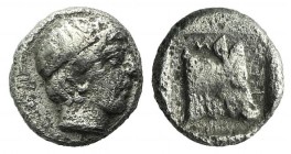 Lesbos, Mytilene, c. 400-350 BC. AR Obol (7mm, 0.64g, 12h). Laureate head of Apollo r. R/ Calf’s head r. SNG Copenhagen 370; HGC 6, 103. Good Fine