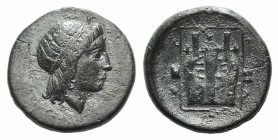 Ionia, Kolophon, c. 400-375 BC. Æ Chalkous (12mm, 1.69g, 12h). Head of Apollo r., wearing tainia. R/ Kithara within linear square; astragaloi to l. an...