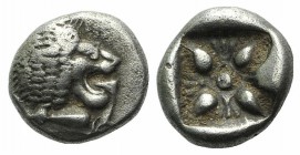 Ionia, Miletos, late 6th-early 5th century BC. AR Diobol (8mm, 1.17g). Forepart of a lion l., head r. R/ Stellate design within square incuse. SNG Kay...