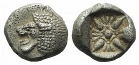 Ionia, Miletos, late 6th-early 5th century BC. AR Diobol (9mm, 1.18g). Forepart of a lion r., head l. R/ Stellate design within square incuse. SNG Kay...