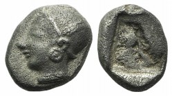 Ionia, Phokaia, c. 521-478 BC. AR Diobol (9mm, 1.29g). Archaic female head l. R/ Quadripartite incuse square. Klein 452-3. Porous, near VF