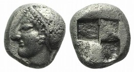 Ionia, Phokaia, c. 521-478 BC. AR Diobol (7mm, 1.24g). Archaic female head l. R/ Quadripartite incuse square. Klein 452-3. VF