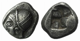 Ionia, Phokaia, c. 510-494 BC. AR Diobol (7mm, 1.31g). Helmeted female head l., hair in sakkos. R/ Four-part incuse square. SNG Copenhagen 389-94 (Unc...