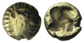 Ionia, Uncertain mint, c. 600-550 BC. EL 1/24 Stater (7mm, 0.58g). Archaic head r. R/ Quadripartite incuse square. SNG von Aulock 7791; Rosen 337. Rar...