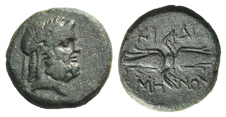 Caria, Myndos, 2nd-1st century BC. Æ (20mm, 8.06g, 3h). Laureate head of Zeus r....