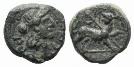 Caria, Orthosia, late 1st century AD. Æ (12mm, 1.76g, 12h). Wreathed head of Dionysyos r. R/ Panther advancing r., head l., with thyrsus over shoulder...