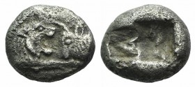 Kings of Lydia, time of Kroisos, c. 550-546 BC. AR Sixth Stater (9mm, 1.56g). Sardes. Confronted foreparts of lion r. and bull l. R/ Two incuse square...