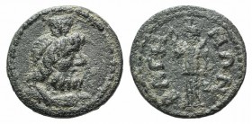Lydia, Bagis. Pseudo-autonomous issue. Time of Septimius Severus (193-211). Æ (18mm, 4.91g, 6h). Draped bust of Serapis r., wearing kalathos. R/ Isis ...