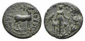 Lydia, Hierocaesarea. Pseudo-autonomous issue, 1st-2nd century AD. Æ (19mm, 3.52g, 12h). Artemis standing l., holding bow; beside her, stag standing l...