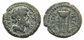 Lydia, Magnesia ad Sipylum. Pseudo-autonomous. Time of the Antonines (138-192). Æ (14mm, 2.84g, 6h). Bare head of Mount Sipylos r. R/ Tripod. RPC IV o...