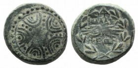 Lydia, Philadelphia, 2nd-1st centuries BC. Æ (15mm, 4.81g). Macedonian shield. R/ Winged thunderbolt within wreath; monogram above. SNG Copenhagen 343...