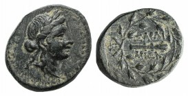 Lydia, Sardeis, 2nd-1st century BC. Æ (15mm, 4.28g, 3h). Laureate head of Apollo r. R/ Ethnic around club within wreath; monogram to l. SNG Copenhagen...