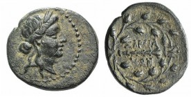 Lydia, Sardeis, 2nd-1st century BC. Æ (15mm, 3.06g, 3h). Laureate head of Apollo r. R/ Ethnic around club within wreath; monogram to r. SNG Copenhagen...