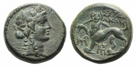 Lydia, Sardeis, c. 133 BC-AD 14. Æ (16mm, 6.40g, 12h). Wreathed head of Dionysos r. R/ Horned panther standing l., head facing, holding spear it break...