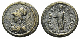 Lydia, Tripolis. Pseudo-autonomous issue, 2nd century AD. Æ (22mm, 6.18g, 12h). Helmeted bust of Athena l., wearing aegis. R/ Zeus Lydios standing l.,...