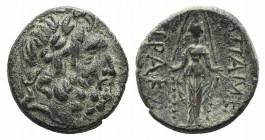 Phrygia, Apameia, c. 100-50 BC. Æ (19mm, 5.44g, 12h). Herakle-, and Eglo-, magistrates. Laureate head of Zeus r. R/ Cult statue of Artemis Anaïtis fac...