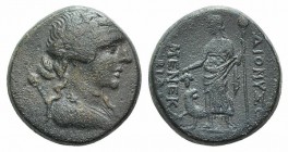 Phrygia, Dionysopolis, 2nd-1st century BC. Æ (20mm, 6.66g, 12h). Menekles Biano, magistrate. Draped bust of Dionysos r., wearing ivy wreath; thyrsos t...