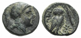 Phrygia, Laodikeia, c. 2ns-1st century BC. Æ (10mm, 1.42g, 6h). Helmeted head of Athena r. R/ [...]AOΔI, Owl standing r.; to r., star and spear-head. ...