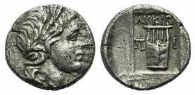 Lycian League, Pinara, 1st century BC. AR Hemidrachm (13mm, 2.38g, 12h). Laureate head of Apollo r. R/ Lyre; Π-I across fields. Troxell 96. Rare, VF